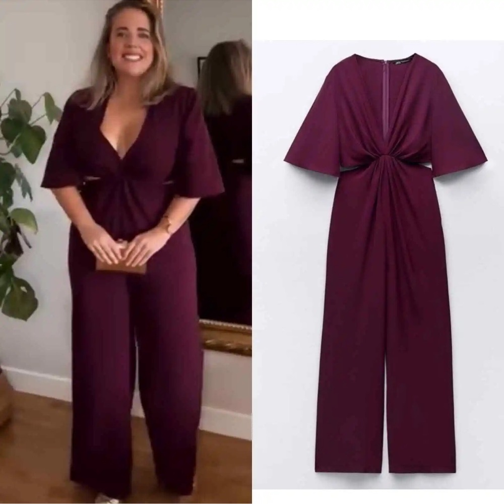 ZARA CUT OUT BURGUNDY COLOR STYLISH JUMPSUIT - Picture 5 of 8
